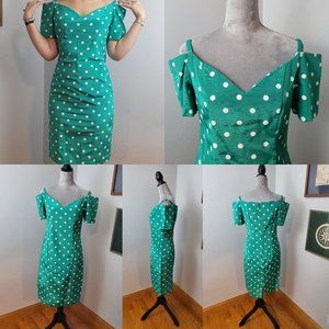 Vintage Green 80s Scarlett Night Rockabilly Polka Dot Pencil Geek Dress Size S